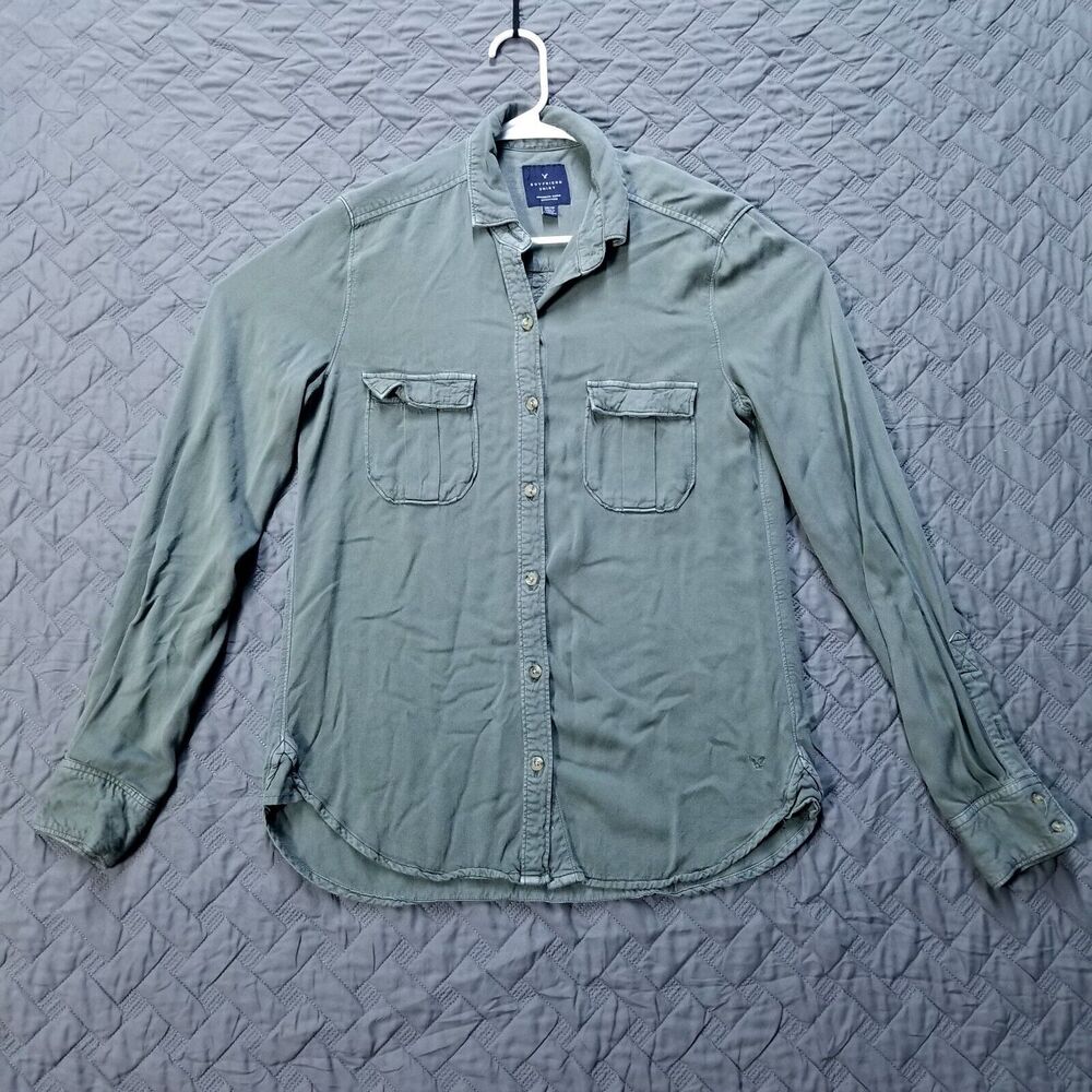 American Eagle Shirt Womens XS Green BoyFriend Button Up Long Sleeve Collared